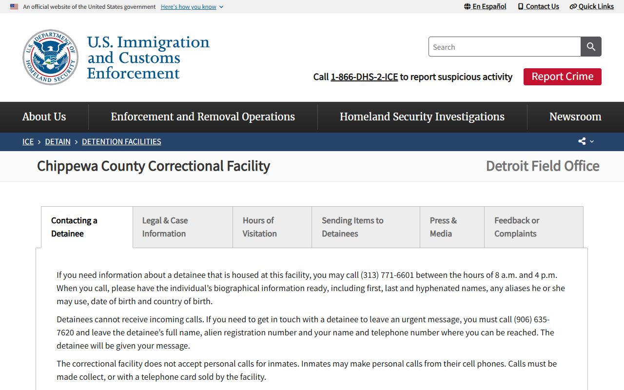 Chippewa County Correctional Facility ICE detention detainee lookup page