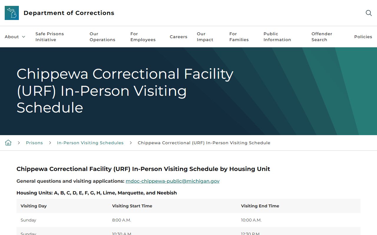Chippewa Correctional Facility MDOC visiting schedule for inmate visits
